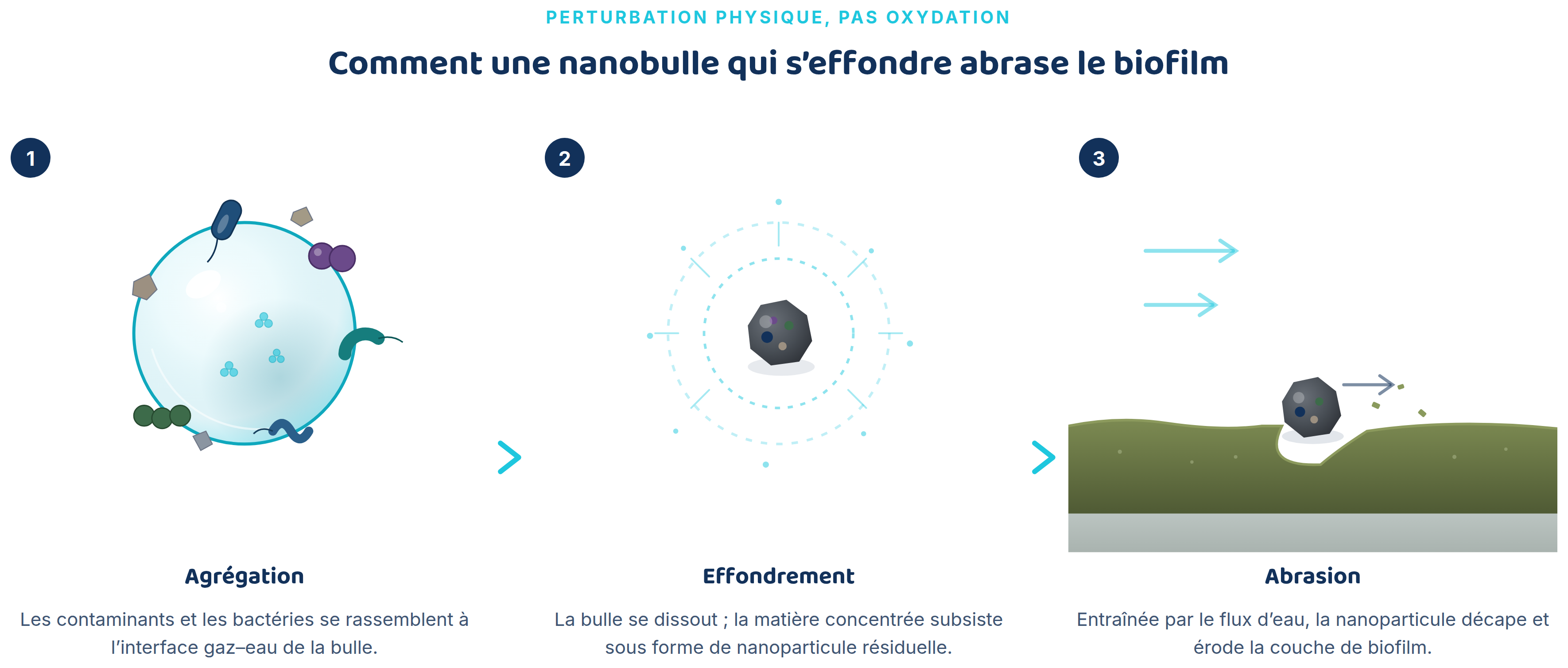 Séquence en trois étapes : les contaminants s'agrègent à la surface d'une nanobulle, la bulle s'effondre en une nanoparticule résiduelle, qui érode ensuite le biofilm.
